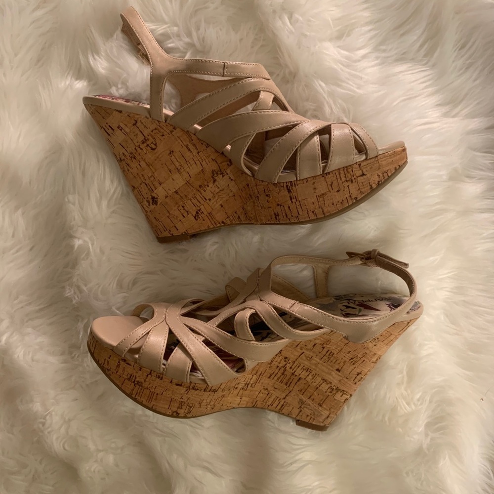 Size 10 X-Appeal Tan Open Toe Wedges